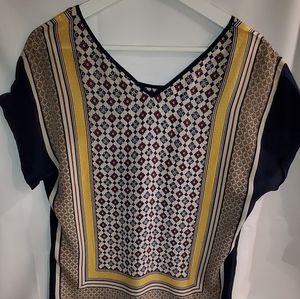 Printed blouse. Colors navy blue, yeĺlow burgundy and white